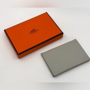 Hermes Calvi card and pass case, Gray color Leather; with box